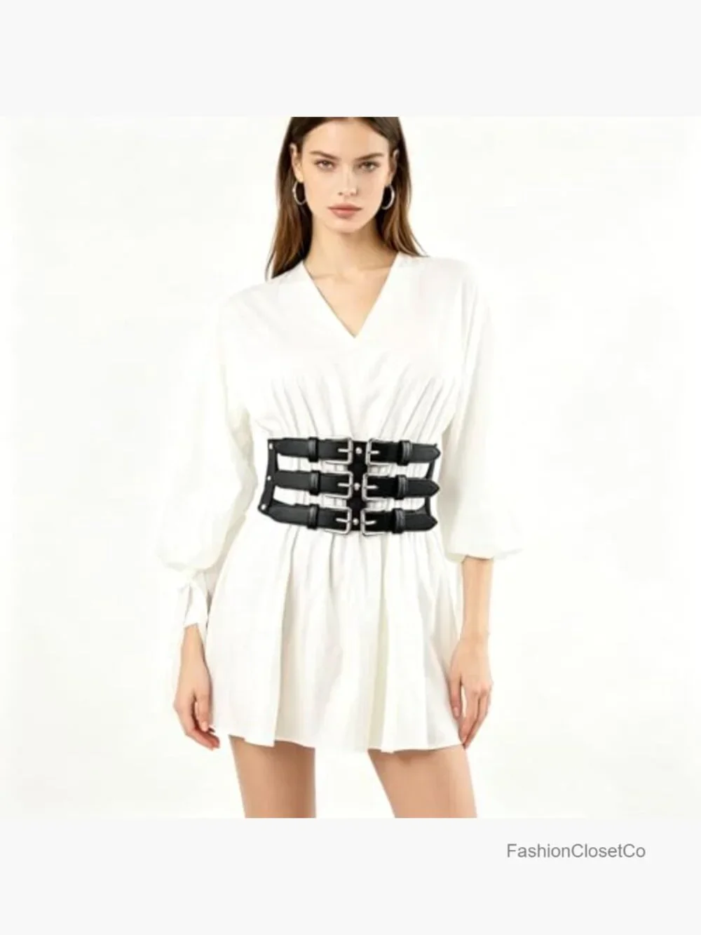 PU Leather Wide Waist Belt with Rivet and Snap Closure Stretchy Corset Belt